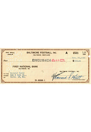 1959 Raymond Berry Baltimore Colts Autographed Player Payroll Check (JSA • Championship Season)