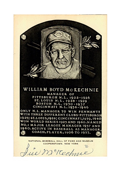 Bill McKechnie Autographed Vintage Artuve Hall Of Fame Plaque Postcard (JSA)