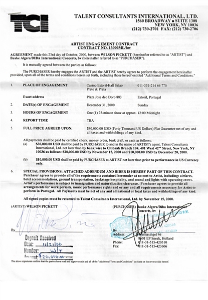 2000 Wilson Pickett Multi-Signed Artist Engagement Contract (JSA • Three Signatures Total • Rare)
