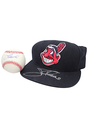 Jim Thome Single-Signed OML Baseball & Cleveland Indians Cap (2)(JSA • Fleer LOA)