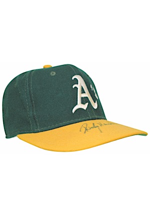Oakland As Game-Used & Autographed Cap Attributed To Rickey Henderson (JSA)