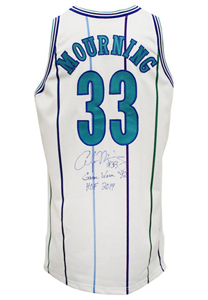 1992-93 Alonzo Mourning Charlotte Hornets Game-Used & Dual-Autographed Rookie Home Jersey (JSA • Inscribed "Game Worn")