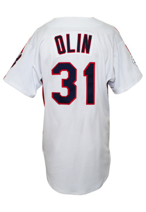 1993 Steve Olin Cleveland Indians Ceremonial Game Jersey Gifted To His Widow On Opening Day (Sourced From Equipment Manager • Photo Of Widow Receiving Jersey On Field)