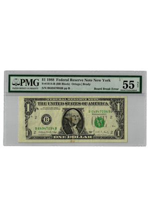 1988 $1 Bill Board Break Error From The Federal Reserve Note New York