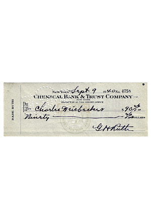 9/9/1940 Babe Ruth Autographed Personal Bank Check (Full JSA Graded 9 • PSA/DNA)