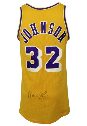 Circa 1979 Magic Johnson Los Angeles Lakers Rookie Era Game-Used & Autographed Home Jersey