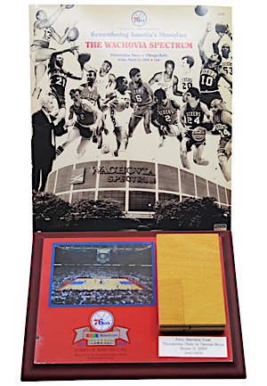 2009 Philadelphia Spectrum Game-Used Wooden Gym Floor Square Display & Program (2)(76ers COA • Final Spectrum Game)