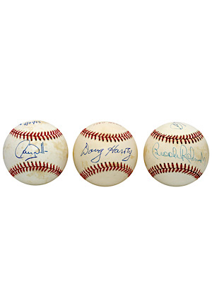 "Grand Slam on 1st Swing of Game, "Other 3 Walked and Never Swinged," 1980 NLCS Controversial Play-Call" & "Most Years Played for One Team" Dual-Signed Baseballs (3)