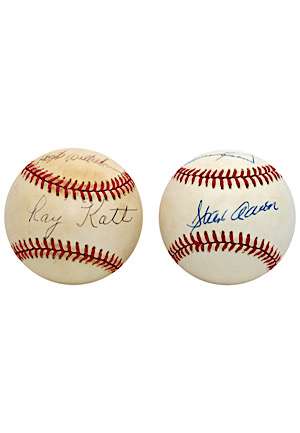 "Only Players W/ 40 HRs In 3 Decades" & "First Battery W/ 4 Passed Balls In An Inning" Dual-Signed Baseballs (2)