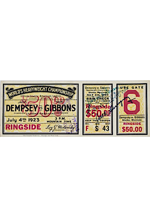 7/4/1923 Jack Dempsey vs. Tommy Gibbons Dual-Signed Full Ringside Ticket