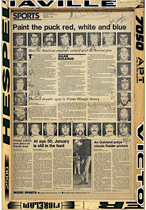 2/23/1980 Team USA "Miracle On Ice" Olympic Hockey Team-Signed Original Newspaper Framed Hockey Stick Display Including Herb Brooks (Day After Defeating Russia)