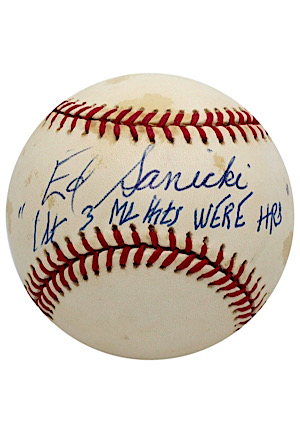 Ed Sanicki Single-Signed & Inscribed Baseball (First Player W/ First 3 Hits As HRs & Only Hits In Career)