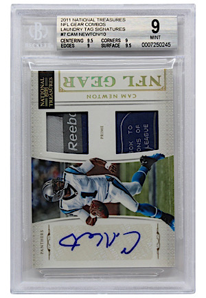 2011 National Treasures NFL Gear Combos Laundry Tag Signatures Cam Newton #7 (Beckett MINT 9 • Auto Graded 10 • 5/10)