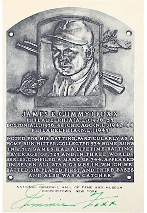 Jimmie Foxx Autographed Vintage Artuve Hall Of Fame Plaque Postcard