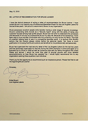 2010 Kobe Bryant Signed Typed Letter Of Recommendation For Personal Bodyguard (Bodyguard LOA • Rare)