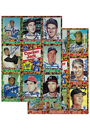 1982 Cracker Jack "All Time Baseball Greats" Autographed Uncut Card Sheets (2)(Full JSA • 16 Signatures)