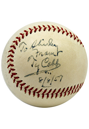 High Grade Ty Cobb Single Signed & Inscribed OAL Baseball (Full JSA • Family Provenance)