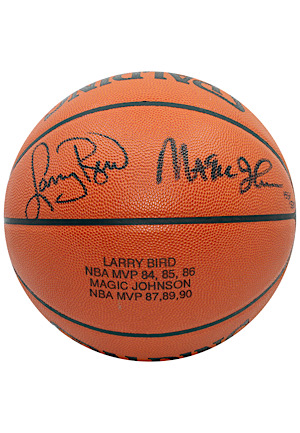 Larry Bird & Magic Johnson Dual-Signed "Three Time MVP" LE Spalding Basketball (UDA • 155/500)