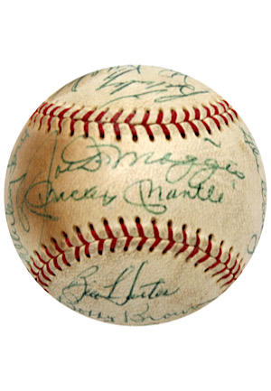 Circa 1973 New York Yankees Multi-Signed Old Timers Baseball With Mantle & DiMaggio
