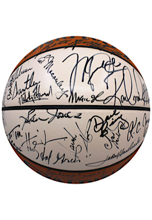 Hall Of Famers & Stars Multi-Signed White Panel Basketball Loaded With 45 Signatures Including Jordan, Wilt x2, Russell & More