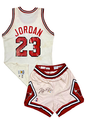 1989-90 Michael Jordan Game-Used & Dual Autographed Home Uniform (2)(Great Wear w/ Rare Embroidered "23" In Trunks • UDA & JSA LOAs)