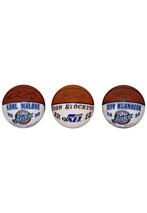 John Stockton, Karl Malone & Jeff Hornacek Utah Jazz Autographed White Panel Basketballs (3)(Ball Boy LOA)
