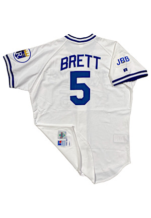 1992 George Brett Kansas City Royals Game-Used & Autographed Home Jersey (Special Custom "H" Added For Brett’s Fathers Death • Full JSA)