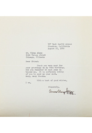 1936 Amos Alonzo Stagg Autographed Typed Letter