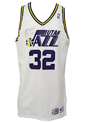 1993-94 Karl Malone Utah Jazz Game-Used & Autographed Home Jersey (Full PSA/DNA)