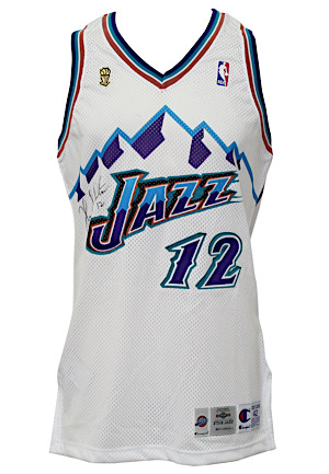 1996-97 John Stockton Utah Jazz Game-Issued & Autographed Home Jersey With Finals Patch (Ball Boy LOA)