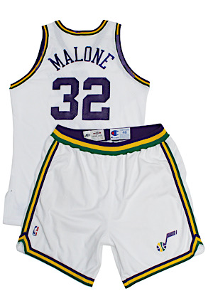 1995-96 Karl Malone Utah Jazz Game-Used & Autographed Home Uniform (2)(Ball Boy LOA)