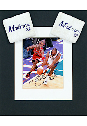 1997 Karl Malone NBA Finals "Last Dance" Player-Worn Wristbands & Autographed Photo Display (Ball Boy LOA)
