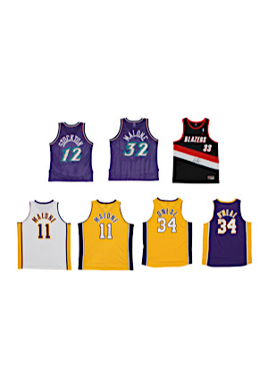 Grouping Of Autographed Jerseys Including ONeal x2, Malone x3, Stockton & Pippen (7) (Ball Boy LOA)