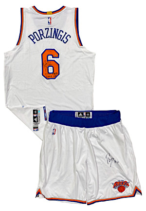 3/9/2016 Kristaps Porzingis New York Knicks Rookie Game-Used & Autographed Road Uniform (2)(Photo-Matched • Steiner)
