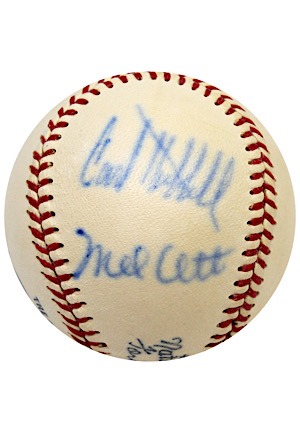 Mel Ott & Carl Hubbell Dual-Signed ONL Baseball (Full JSA)