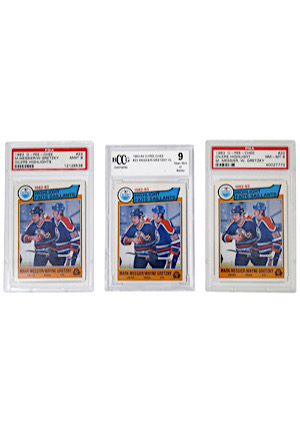 1983 O-Pee-Chee Oilers Highlights Messier & Gretzky (3)(PSA MINT 9 & NM-MT 8 • BCCG NEAR MINT 9)