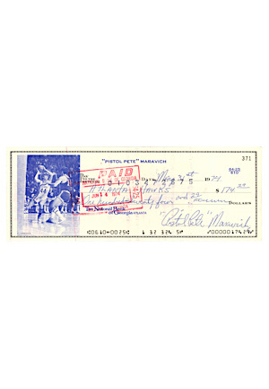 Early 1970s "Pistol" Pete Maravich Autographed Atlanta Hawks Pictured Check (Maravich Family LOA • Full JSA Graded 9)