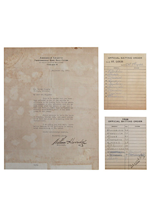 1944 William Harridge Autographed Letter To MLB Umpire George Pipgras & Two World Series Lineup Cards (3)