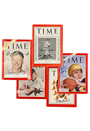 Lot Of Autographed "Time" Magazines Including Mantle, Mays, Musial, DiMaggio & Staubach (5)