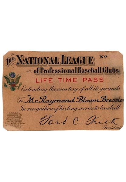 1930s National League Life Time Pass Presented To Raymond Bloom Bressler (Sourced From Family)
