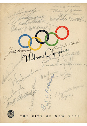 1936 Berlin Olympics Program and Framed Piece 30+ Signatures- Jesse Owens, Jack Dempsey, Gertrude Ederle, H. Stephens