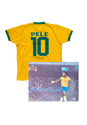 Pele Signed Brazil Jersey & Oversized Photo (2)(PSA/DNA COAs)