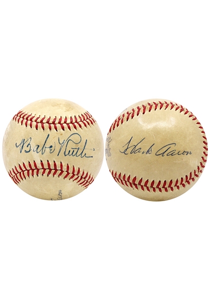 High Grade Babe Ruth & Hank Aaron Dual-Signed ONL Baseball (PSA Autos Graded 8 • JSA • Family Provenance With Newspaper Article)