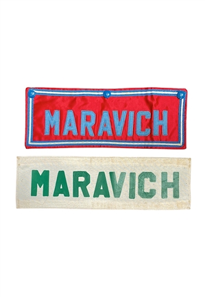 Pete Maravich Player Worn Jacket Nameplates Attributed To His First & Last NBA Games (Maravich Family LOA)