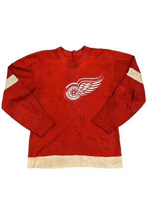1949-50 Sid Abel Detroit Red Wings Stanley Cup Clinching Game 7 Double OT Game-Used Wool Sweater (Photo-Matched To Multiple Images • Littered With Repairs)