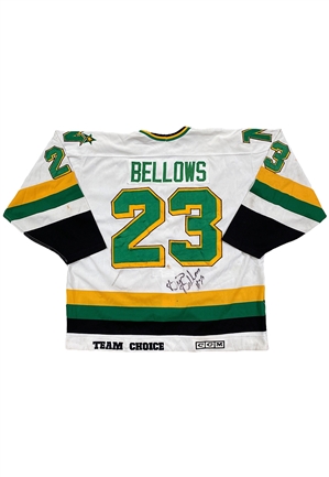 Late 1980s Brian Bellows Minnesota North Stars Game-Used & Signed Jersey (Outstanding Wear & Littered With Repairs)