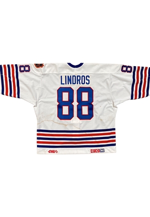 Circa 1991 Eric Lindros Oshawa Generals OHL Game-Used Jersey (Repairs)