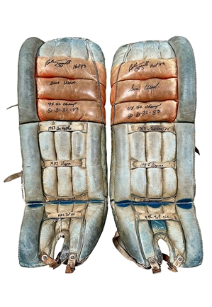 Circa 1983 Billy Smith NY Islanders Game-Used & Autographed Goalie Pads (Beckett • Pic from Signing • Inscribed "Game Used") 