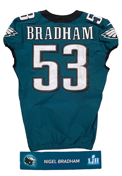 2018 Nigel Bradham Philadelphia Eagles Super Bowl LII Game-Used Jersey & Locker Room Nameplate (2)(Photo-Matched)