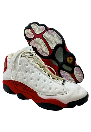 3/25/1998 Michael Jordan Chicago Bulls Game-Used & Dual Autographed Air Jordan XIII Shoes (Apparent Photo-Match • Championship & MVP Last Dance Season)